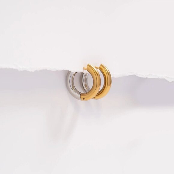 Mixed Metal Gold & Silver Huggie Hoop Earrings | 18K Gold PVD Hypoallergenic - Picture 5 of 5